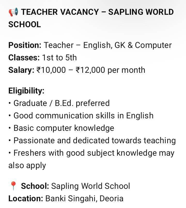 Teacher Vacancy for English , GK and Computer for Class 1st to 5th