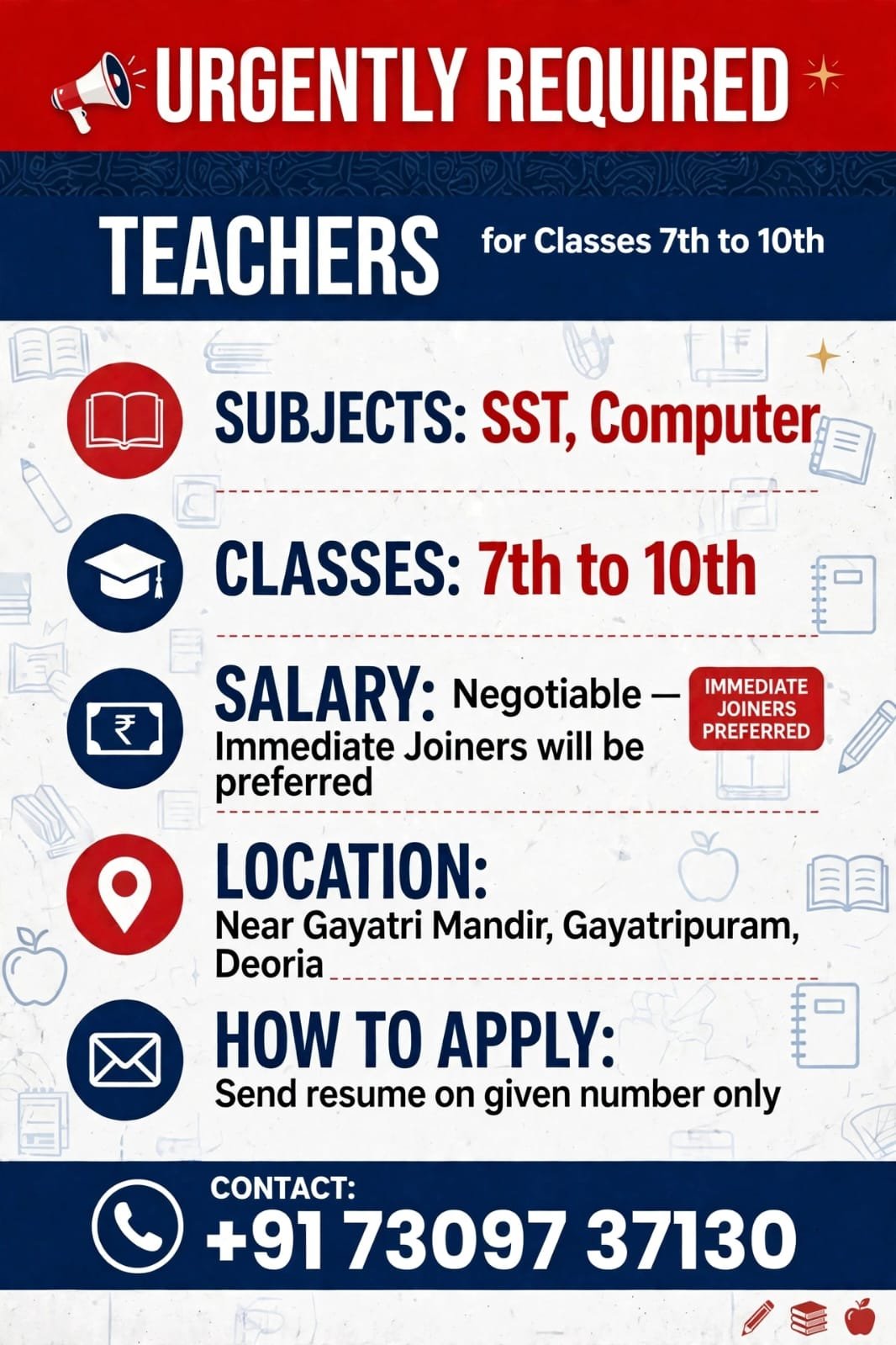 Hiring for SST and Computer Teacher